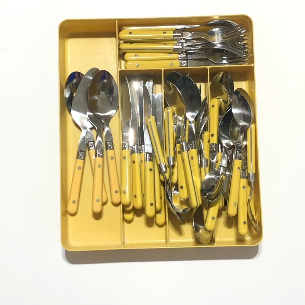 Vintage MCM Butterscotch Yellow Stainless Flatware lot 54 With Tray